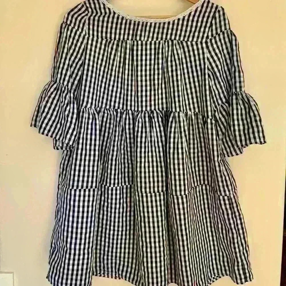 No brand | Gingham mid length sleeve dress with tassels & lace size o/s